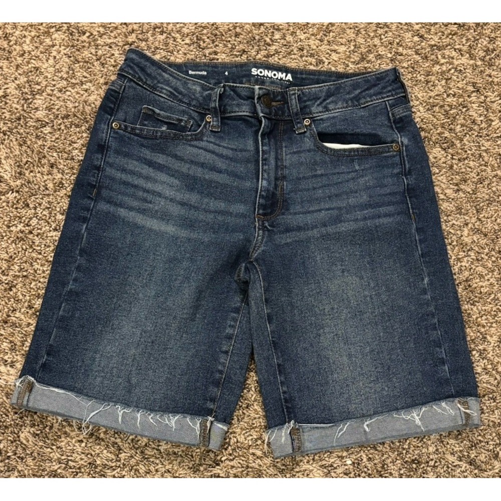 Sonoma Blue Denim Jean Bermuda Dark Wash Cuffed Hem Shorts Women’s Size 4